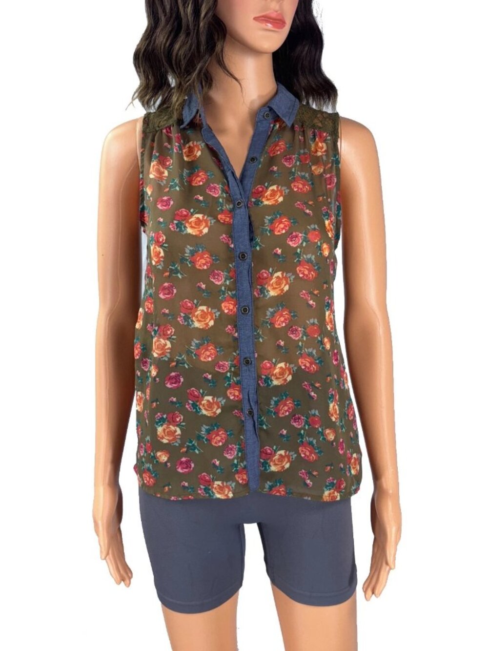 Dream Out Loud by Selena Gomez Floral Blouse Size S Olive Chambray Collar Lace